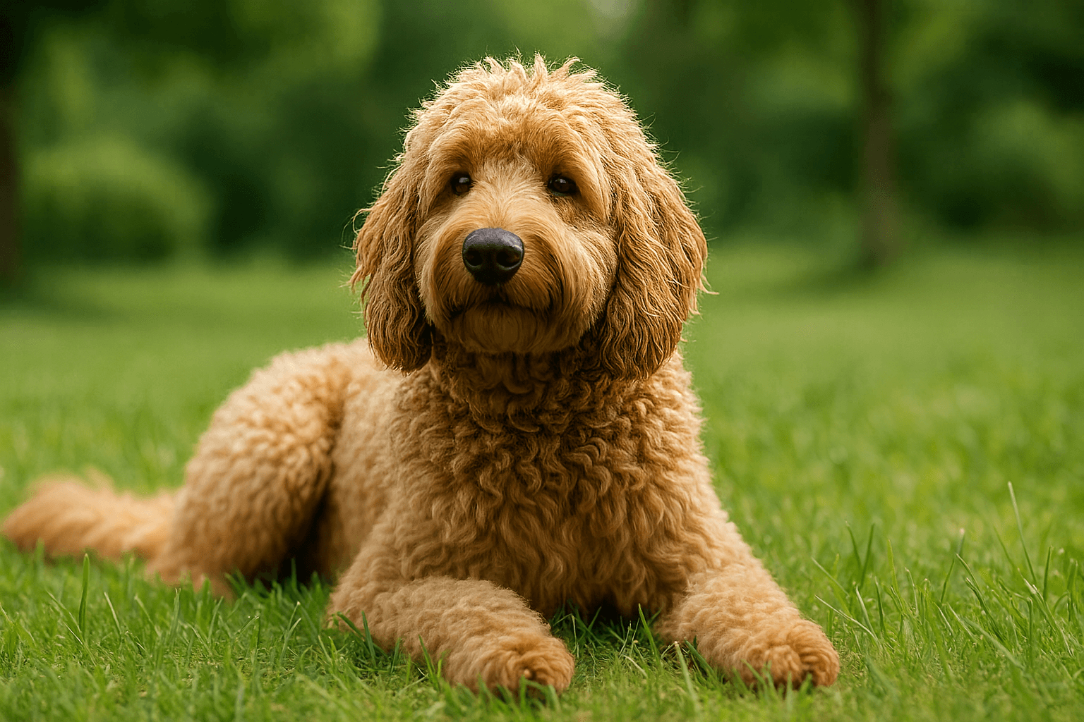 Labradoodle gezondheid een gezonde Labradoodle liggend in het gras